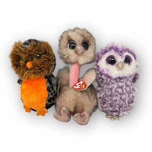 Ty Beanie Boo Lot of 3 Birds Stuffed Animal Henna Moonlight Midnight Owl Ostrich
